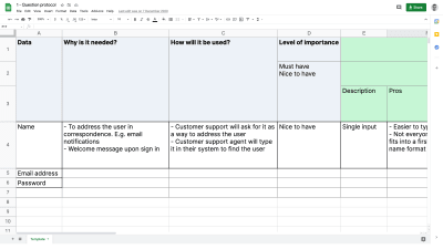 Question protocol spreadsheet