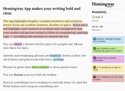 Hemingway App default screen, showing some text with readability errors and warnings highlighted.