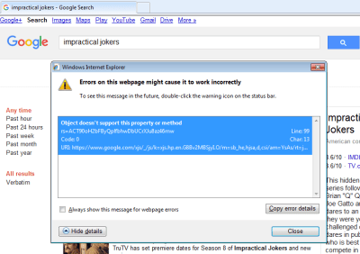 Screenshot of Google search error “Object doesn't support this property or method”