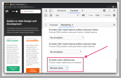 A demonstration of emulating blurred vision on the Smashing Magazine website. The feature is toggled on from the Rendering pane