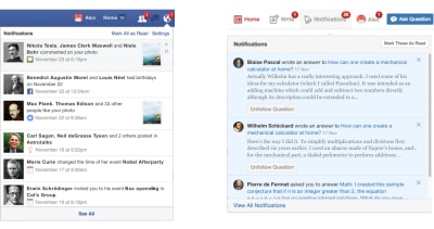 comparison of Facebook and Quora's notifications