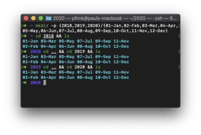 A screenshot of a terminal window showing the commands and output of a folder creation script.