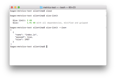 The command size-limit --json output JSON to console. JSON contains an array of objects which contain a file name and size, as well as lets us know if it exceeds the size limit