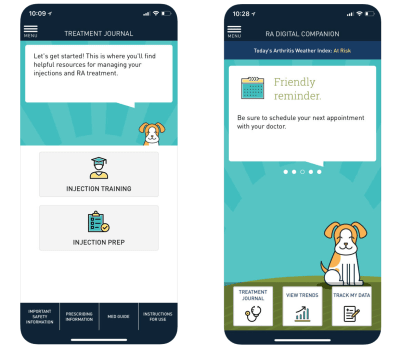 Sanofi's RA Digital Companion app focuses on helpful resources and uses encouraging language.