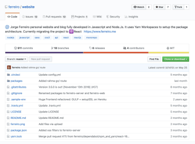 Jorge Ferreiro’s website using yarn workspaces and packages with a back-end and frontend apps