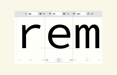 A software screengrab of FontLab VI’s Manual Metrics Editing panel. Shows the lowercase letter e with a black line to the left and right. And 3 changeable values below.