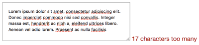 An example showing “17 characters too many” in red text next to a code<textarea>/code.