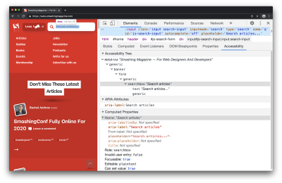 The accessibility pane in use on the Smashing Magazine website