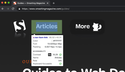 The Inspect Element tooltip appearing for an inspected anchor element. The tooltip shows various element properties, such as font, color, contrast ratio, and others