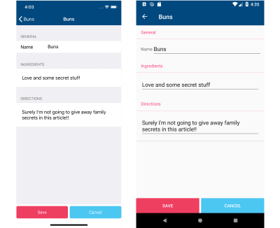 Screenshot of recipe edit screen on iOS and Android