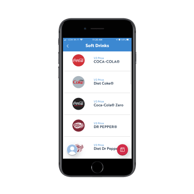 SONIC mobile app - list of soft drinks for purchase