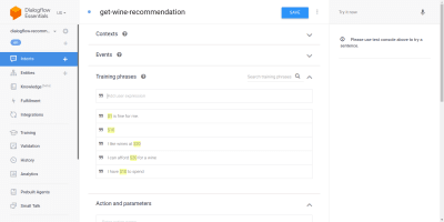 List of available training phrases with get-wine-recommendation intent.