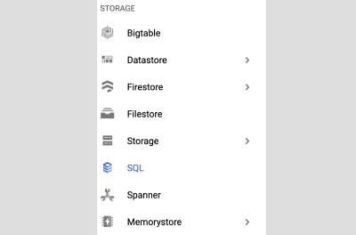 This image shows a sub-section of GCP services