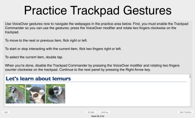 screenshot of ‘Practice Trackpad Gestures' VoiceOver tutorial screen