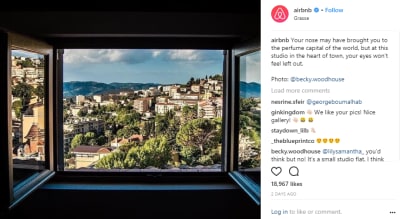 Sharing user content helps you get to that user's audience. Airbnb uses such content to show off its users' talents behind the camera.