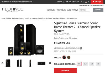 Screenshot of the Fluance website, showing their Signature Series Surround Sound Home Theater 7.1 Channel Speaker System priced at $1,609.99 USD