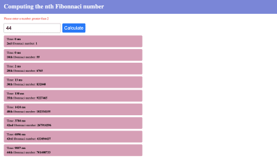 Showing computed Fibonacci numbers up to 43