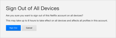 Netflix shows a confirmation dialog before signing out of all devices.