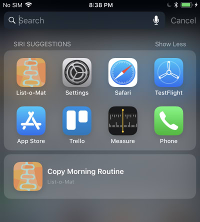 Screenshot of the donated shortcut in Siri