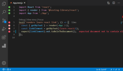 A screenshot of the App.test.js file opened in a editor showing failing tests