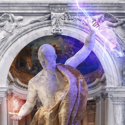 A realistic collage featuring a 3D sculpture holding lightning in his left hand and light bulbs his right hand