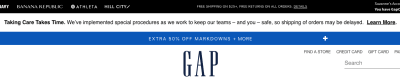 Gap's 'Taking Care Takes Time' banner notice on website