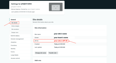 Screenshot showing where the site’s API ID is in its settings