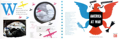 Left: W is for War spread designed by Bradbury Thompson, 1952. Right: America at War spread designed by Bradbury Thompson.
