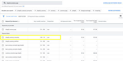 Search for “shopify currency app” in Google Keyword Planner, with “shopify currency converter” highlighted