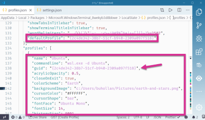 The default Terminal profile highlighted in the settings.json file