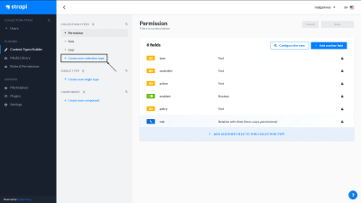 A screenshot of the Strapi dashboard - creating a new collection type