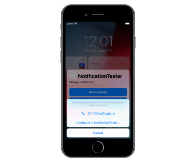 iPhone 8 Plus shown with Turn Off selected from notification which brings up the Turn Off All Notifications and Configure in NotificationTester options.