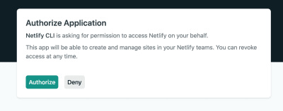 Screenshot showing a dialog requesting authorization of Netlify CLI