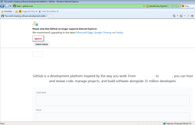 Screenshot of GitHub homepage, with a “no longer supports Internet Explorer” message on it