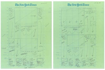 Pencil sketch plan of a New York Times front page spread