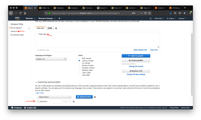 Amazon Polly Console with lexicon loaded