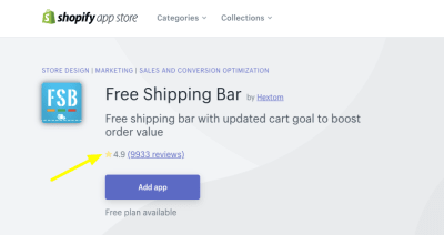 Free Shipping Bar app on Shopify App Store - 4.9 star rating and 9933 reviews