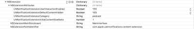 Info.plist file for Notification Content Extension shown in Xcode.
