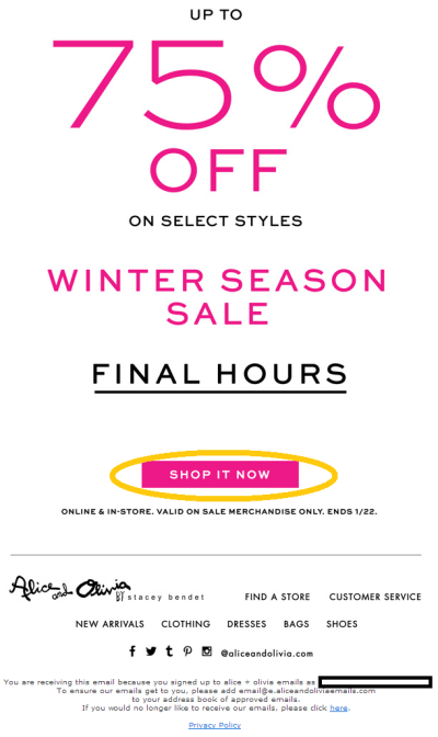 This email from 'Alice and Olivia' has a CTA in bright pink, contrasting with the white background.