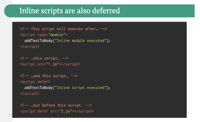 As explained in Jake Archibald's article, inline scripts are deferred until blocking external scripts and inline scripts are executed.