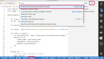 vs code with boxes drawn around the different parts of the UI that can be used to start a live share session