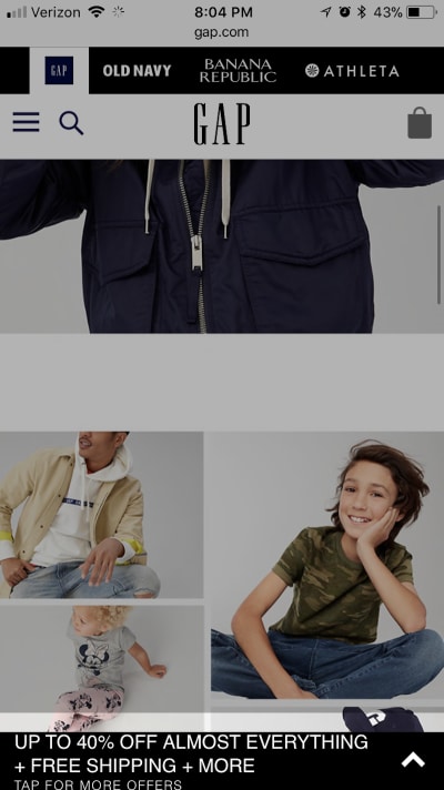 Gap mobile pop-up ad