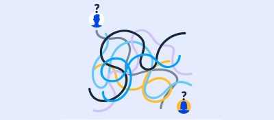 An illustration portraying a sort of maze with five squiggly lines thrown in different directions while one avatar is shown on the bottom right and one avatar on the top left