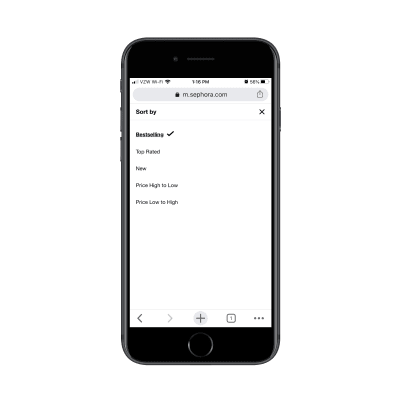 Sephora customers can change category page sorting by Bestselling, Top Rated, New, Price High to Low, Price Low to High