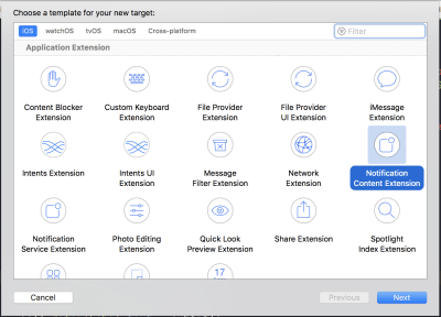 Xcode shown after selecting from menu to add a new target, Notification Content Extension is highlighted.