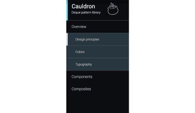 Screengrab of the navigation menu from Deque's accessible pattern library with the Design Principles navigation item highlighted and expanded to show it subpages: Colors and Typography