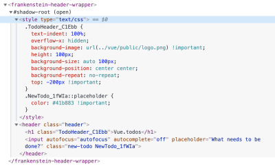 Styles bundled with Alien Vue component placed within Frankenstein wrapper with all unique CSS classes preserved.