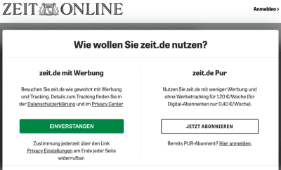 Screengrab of Zeit’s cookie consent