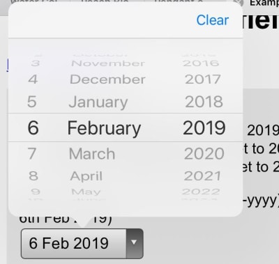 birthday picker showing 6 February 2019