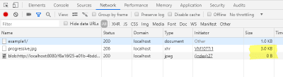 Shows the network console and the sizes of the HTTP requests